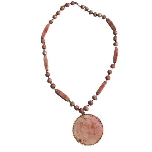 Vintage Pink Alabaster Natural Gemstone Necklace Mayan Sun Calendar Hand Carved - Picture 3 of 6